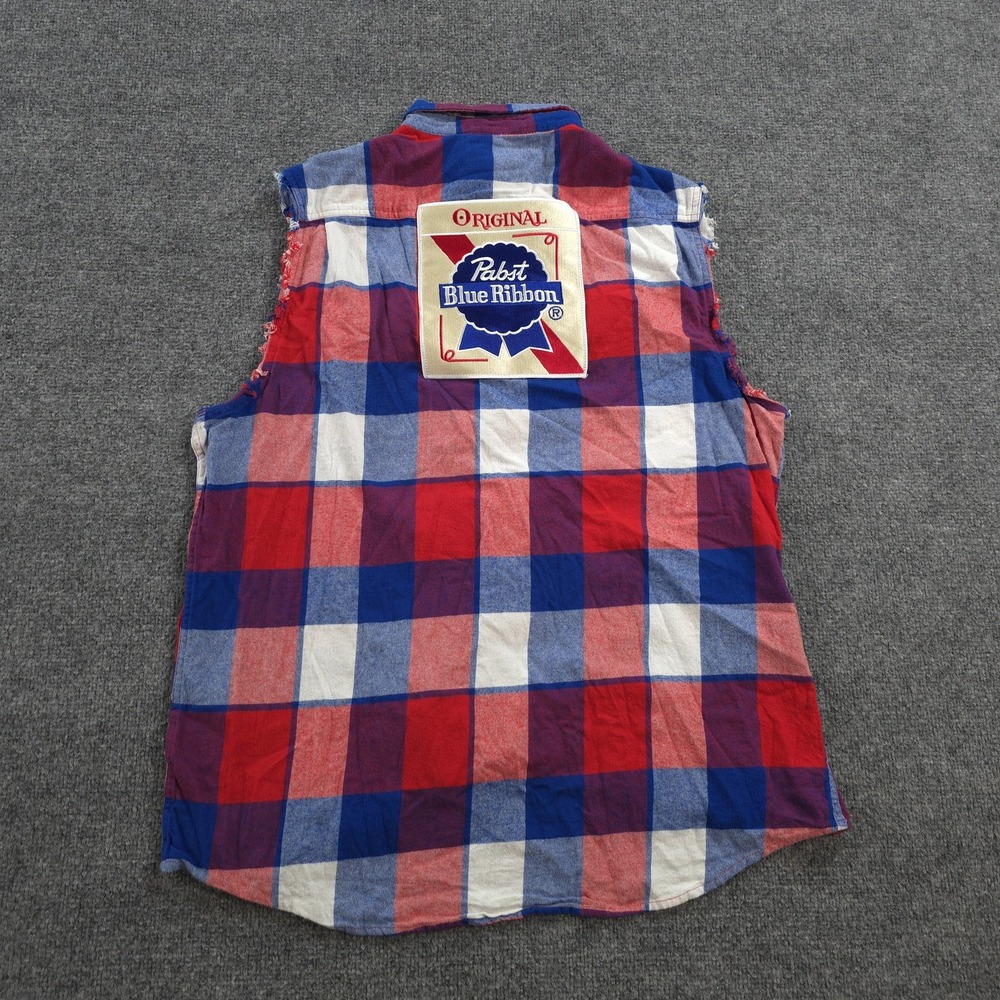 Angry Minnow Shirt Mens XL Red Blue Plaid Sleeveless Flannel Pabst Blue Ribbon
